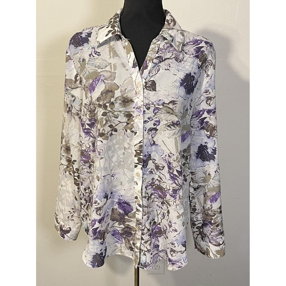 Chico's Shirt Womens 1 Purple White Floral Button Front Long Sleeve Top Blouse